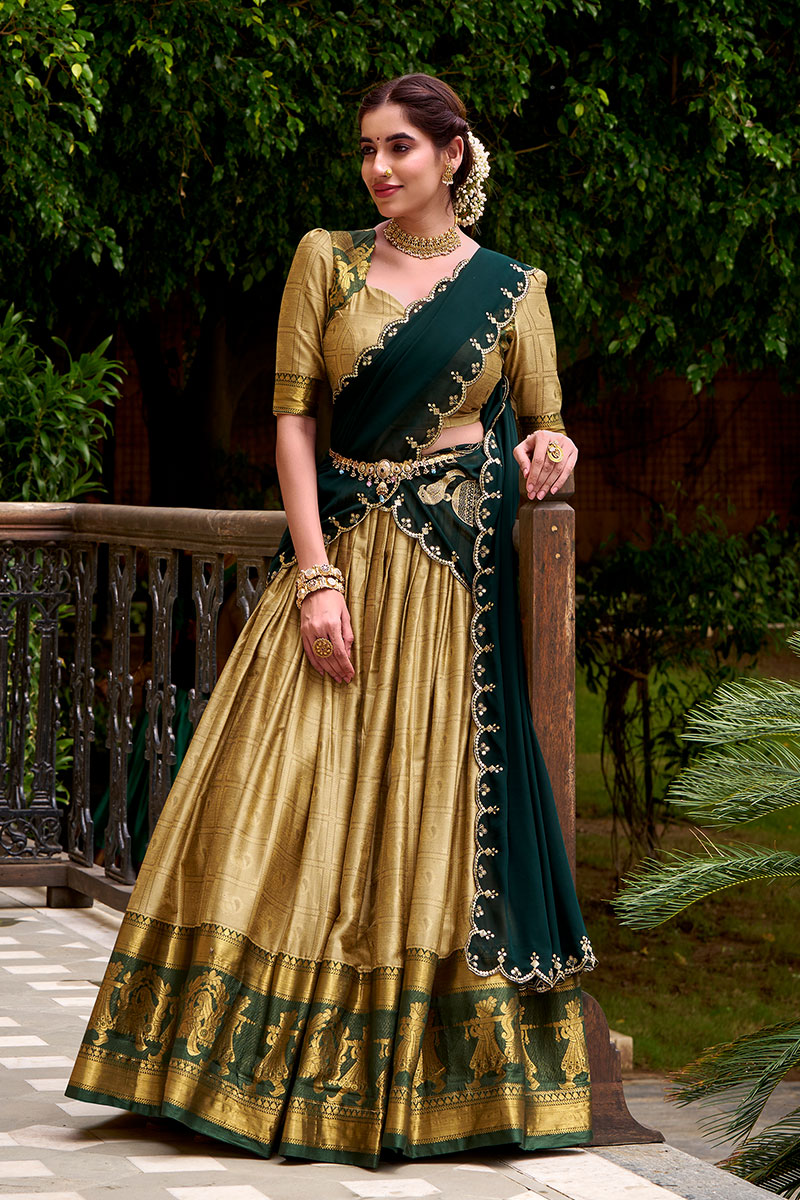 Beige Poly Cotton Lehenga with Green Embroidered Dupatta PR
