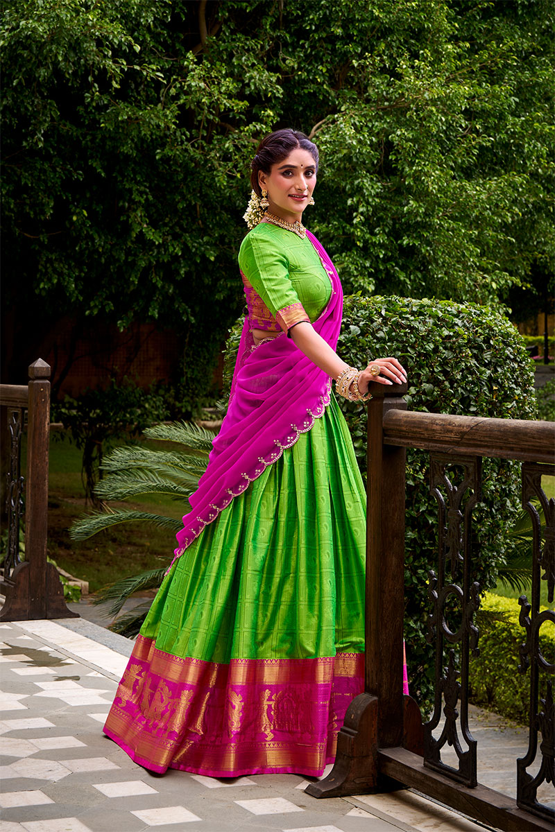 Zari Work Green Lehenga with Embroidered Pink Dupatta PR