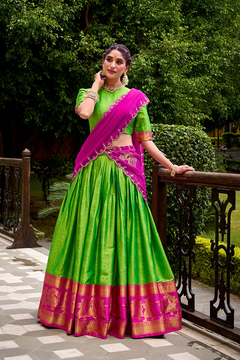 Zari Work Green Lehenga with Embroidered Pink Dupatta PR