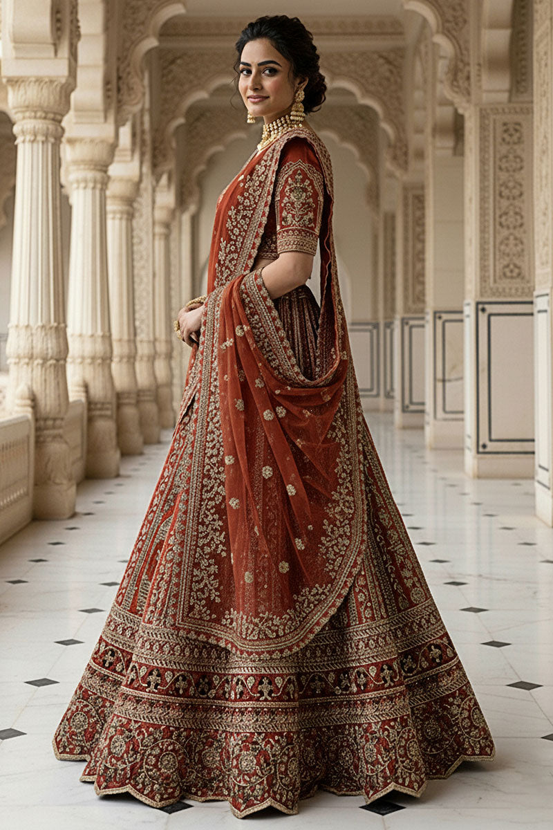 Royal Orange Embroidered Bridal Lehenga Set for Wedding PR
