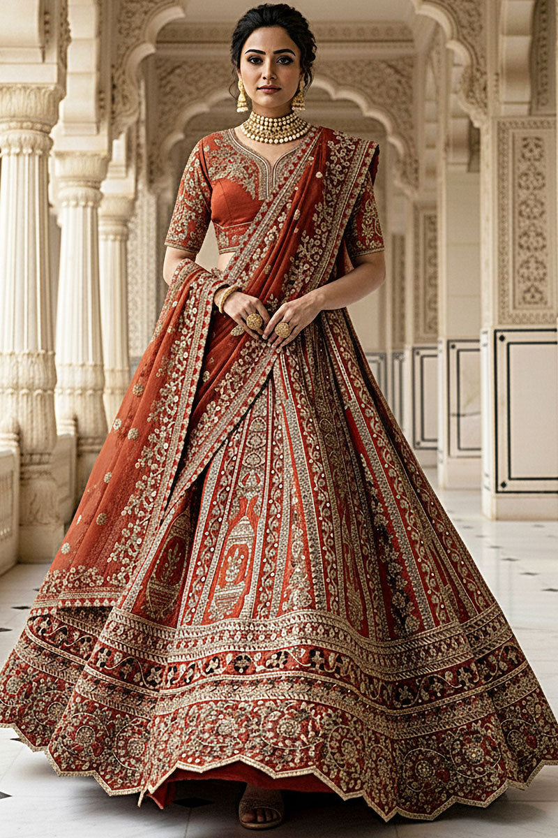 Royal Orange Embroidered Bridal Lehenga Set for Wedding PR