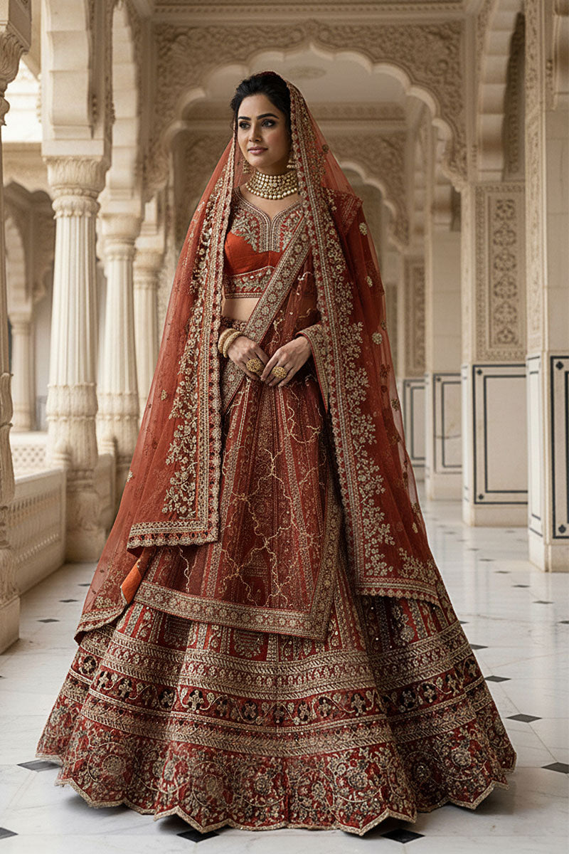 Royal Orange Embroidered Bridal Lehenga Set for Wedding PR