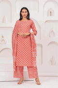 Peach Floral Printed Cotton Kurta Set with Print Dupatta KSF