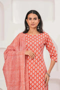 Peach Floral Printed Cotton Kurta Set with Print Dupatta KSF