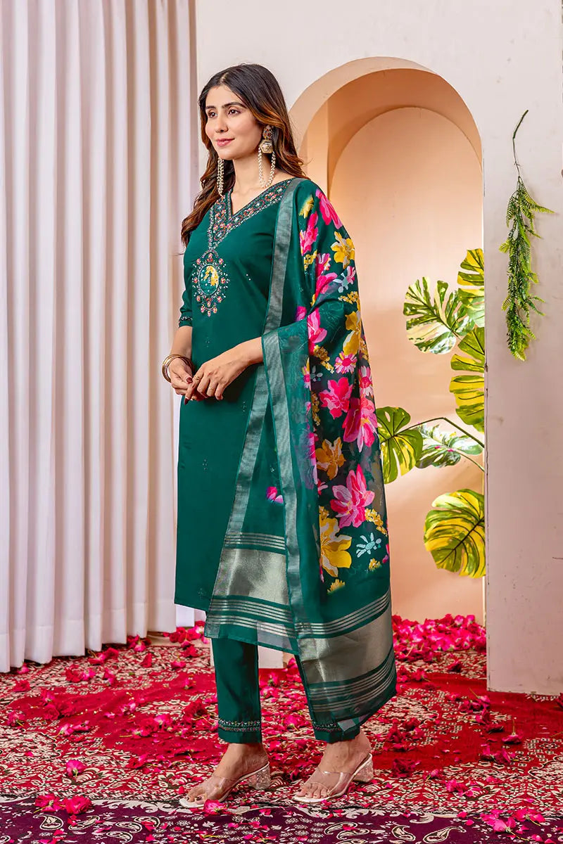 Peach Floral Printed Cotton Kurta Set with Print Dupatta RTI