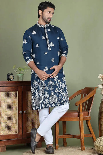 Peacock blue Cotton Silk Sequins Embroidered Kurta Pajama Set - Traditional Wear VA