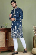 Peacock blue Cotton Silk Sequins Embroidered Kurta Pajama Set - Traditional Wear VA