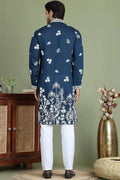 Peacock blue Cotton Silk Sequins Embroidered Kurta Pajama Set - Traditional Wear VA