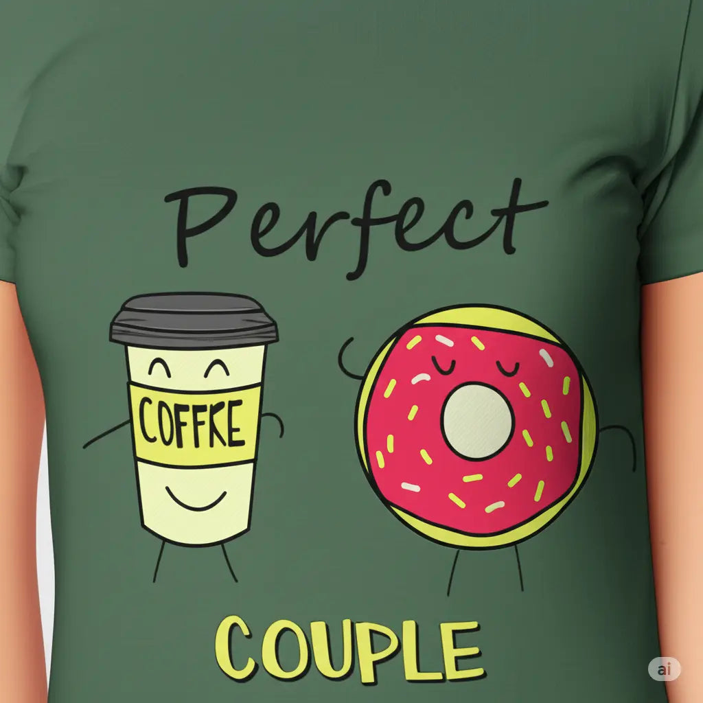 Perfect Couple Coffee & Donut Graphic T-Shirt – Basil Green - 100% Cotton Offbeat