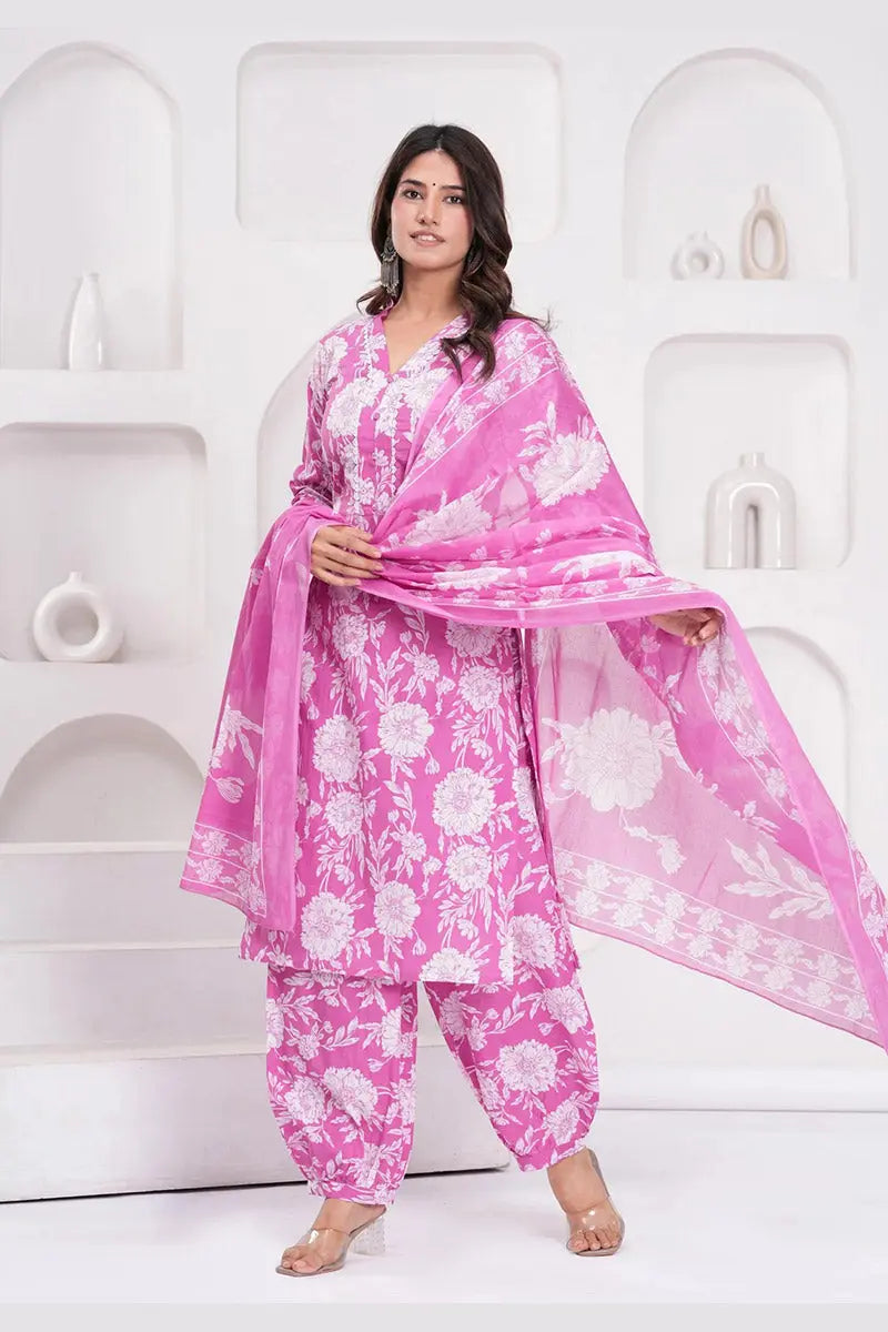 Pink Floral Printed Cotton Kurta Set with Print Dupatta KSF