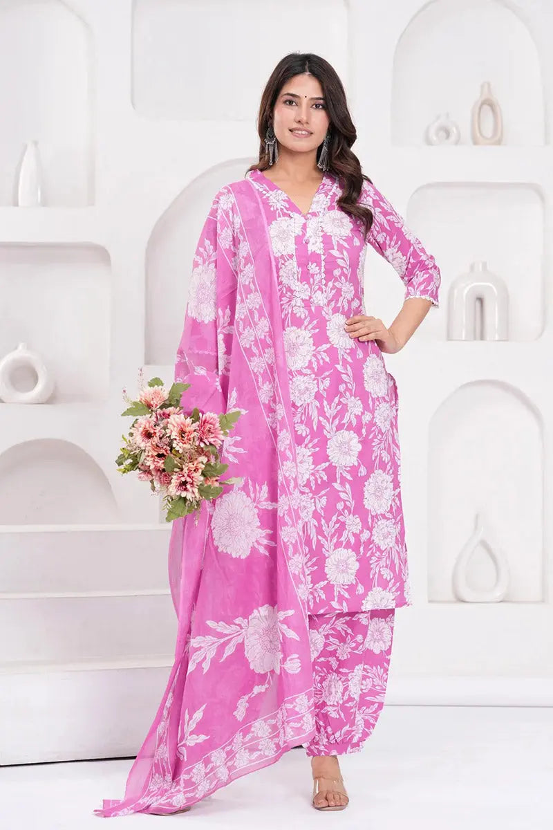 Pink Floral Printed Cotton Kurta Set with Print Dupatta KSF