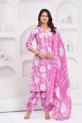 Pink Floral Printed Cotton Kurta Set with Print Dupatta KSF