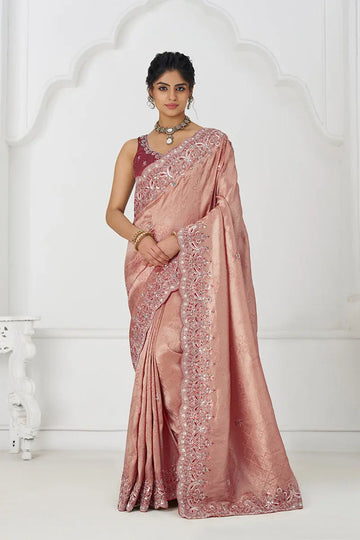 Pink Silk Saree with Sequin Embroidery for Brides KSR
