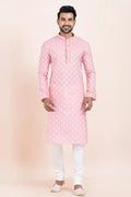 Pink & White Cotton Jacquard Printed Kurta Pajama Set - Traditional Wear RTI