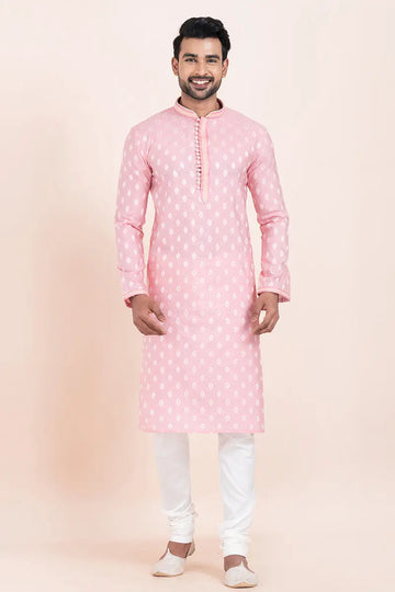 Pink & White Cotton Jacquard Printed Kurta Pajama Set - Traditional Wear RTI