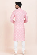 Pink & White Cotton Jacquard Printed Kurta Pajama Set - Traditional Wear RTI