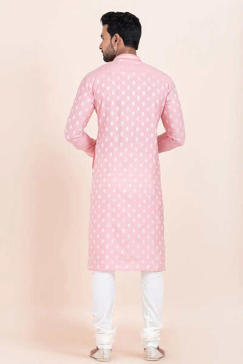 Pink & White Cotton Jacquard Printed Kurta Pajama Set - Traditional Wear RTI