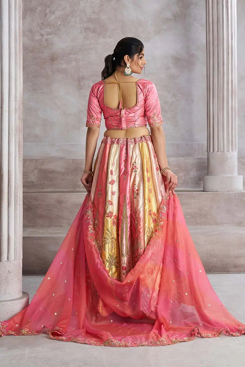 Pink and Gold Panelled Bridal Lehenga with Intricate Zari, Sequins & Thread Detailing KSR
