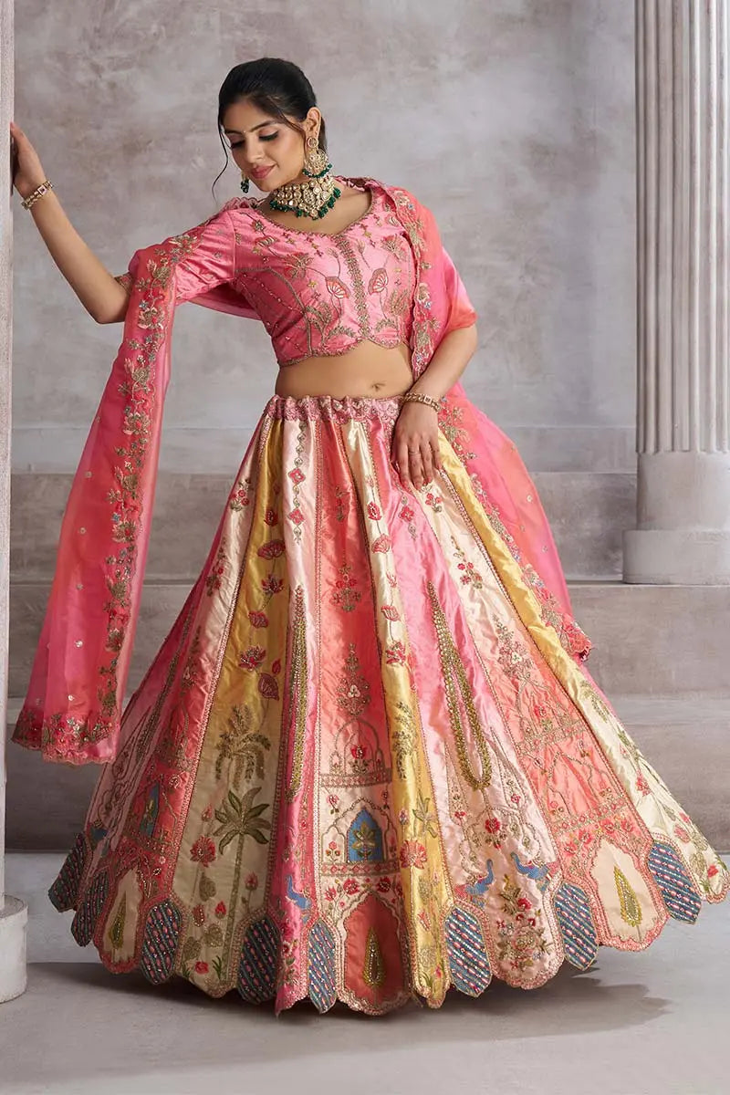 Pink and Gold Panelled Bridal Lehenga with Intricate Zari, Sequins & Thread Detailing KSR