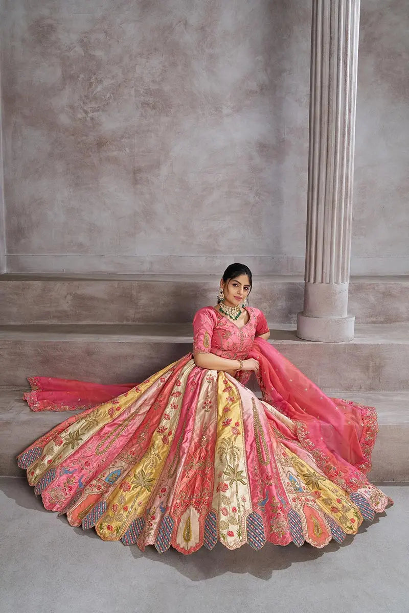 Pink and Gold Panelled Bridal Lehenga with Intricate Zari, Sequins & Thread Detailing KSR