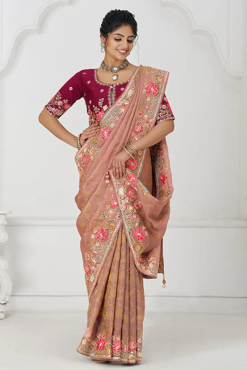 Pretty peach: Multicolor Embroidery with Blooming Floral Designs KSR