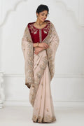 Pure Fendi Silk Saree in Chiku with Handcrafted Zari & Sequin Detailing KSR
