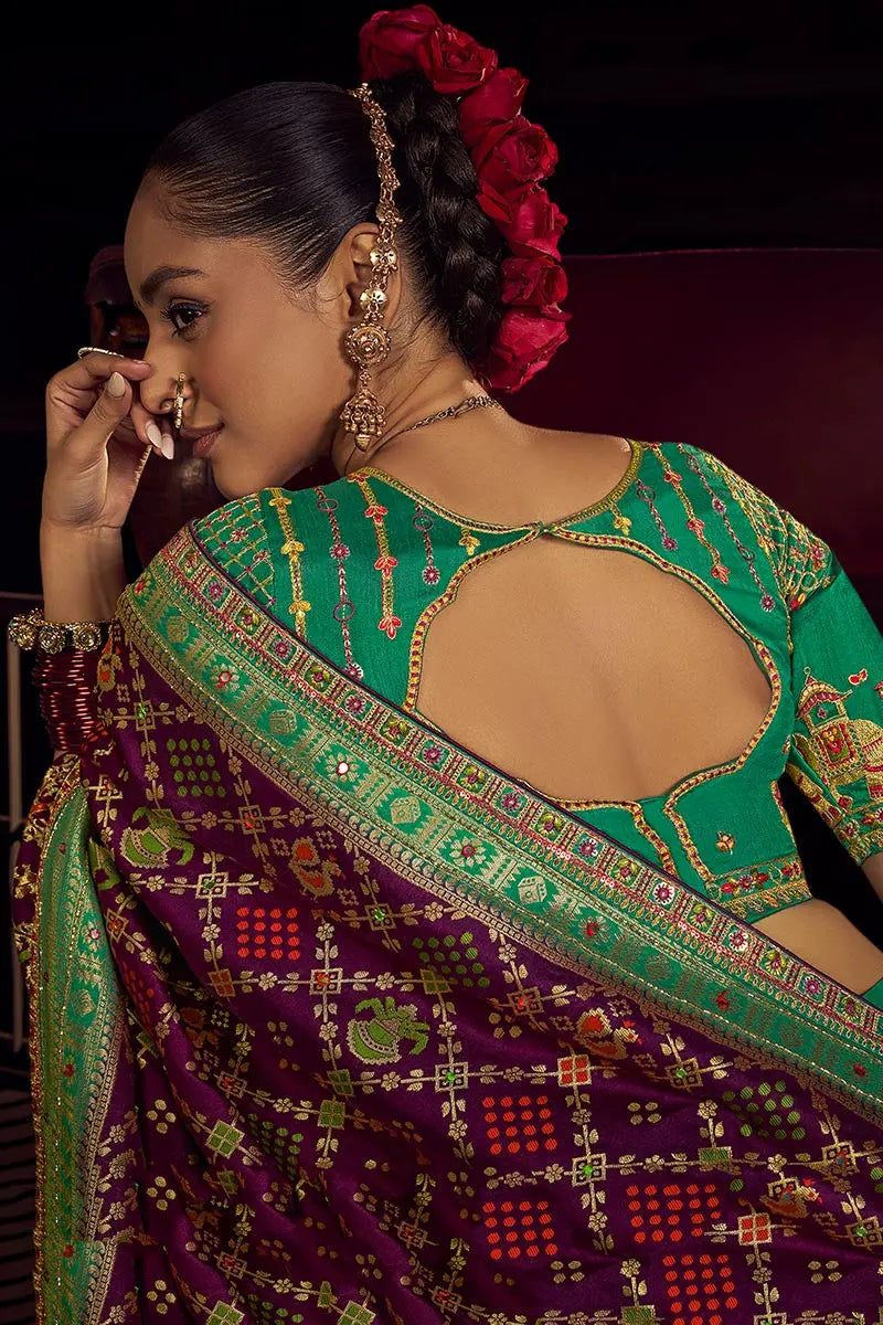 Purple Patola Banarasi Saree with Golden Zari Weave – Bridal & Festive Wear VA