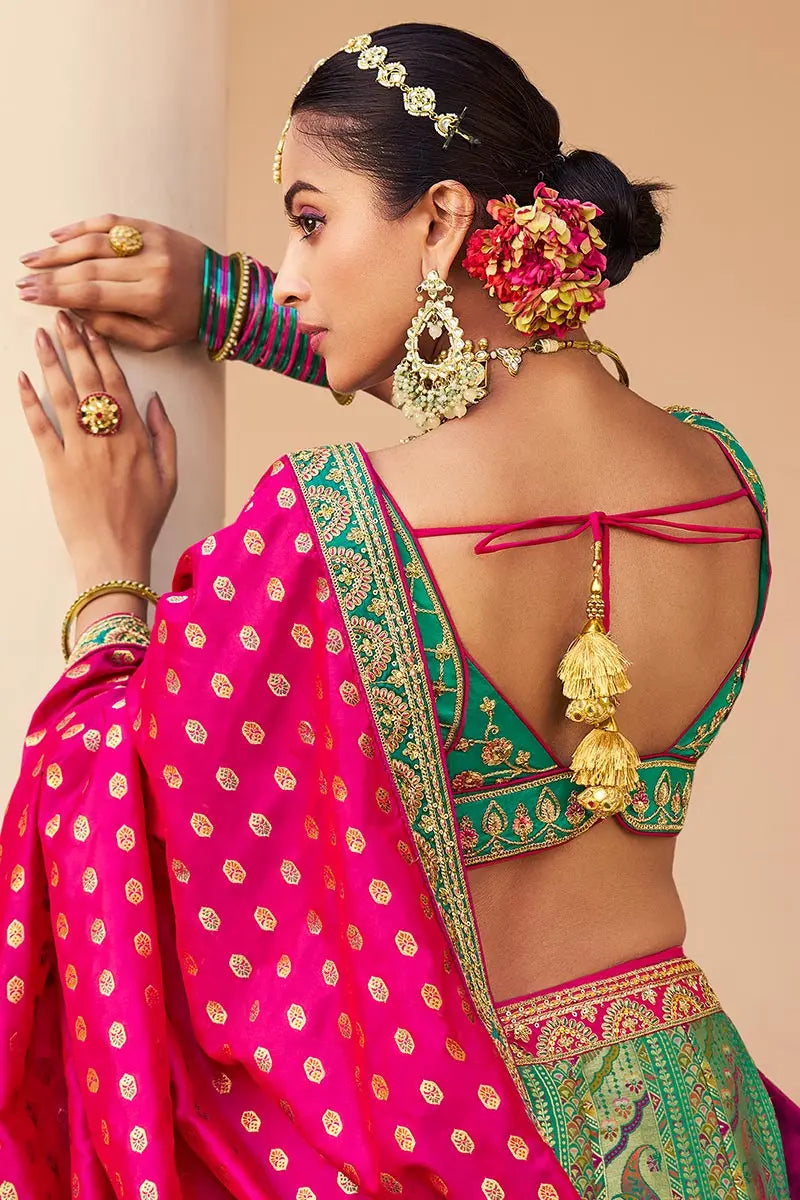 Rama Green Banarasi Silk Bridal Lehenga with Zari & Mirror Work VA