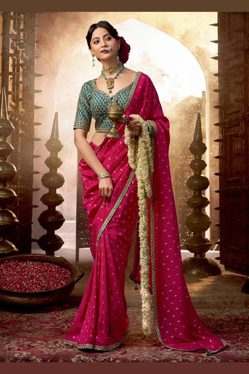 Rani Pink Handwoven Banarasi Saree with Teal Embroidered Blouse VA