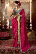 Rani Pink Handwoven Banarasi Saree with Teal Embroidered Blouse VA