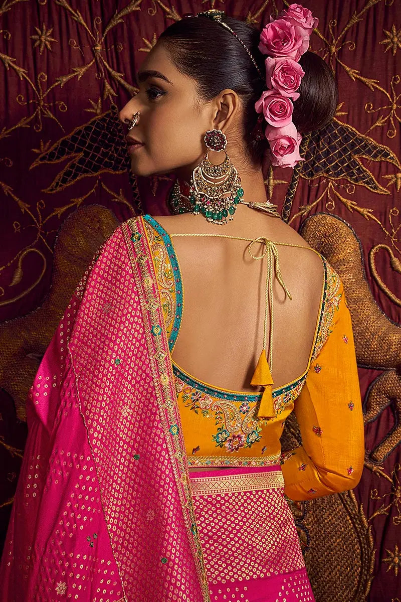 Rani Pink Patola Banarasi Saree with Golden Zari Weave – Bridal & Festive Wear VA