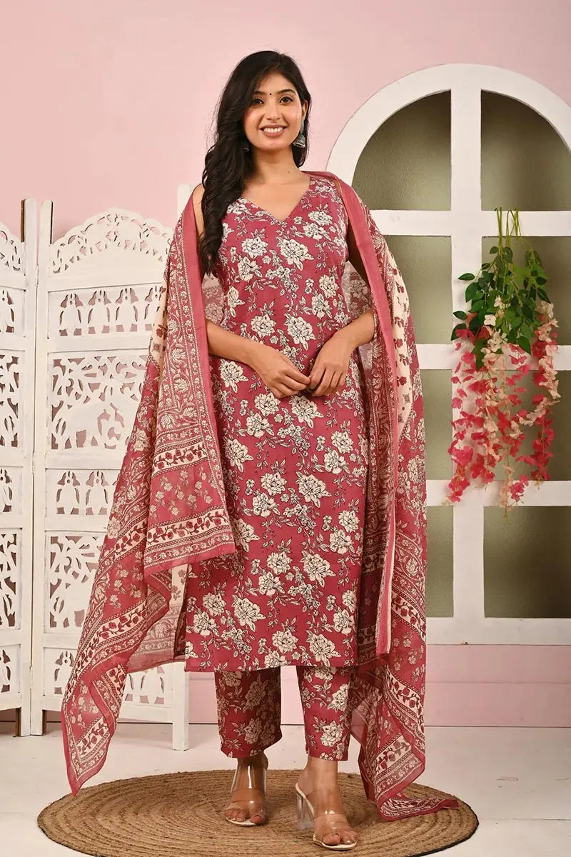 Red Floral Printed Cotton Kurta Set with Print Dupatta KSF