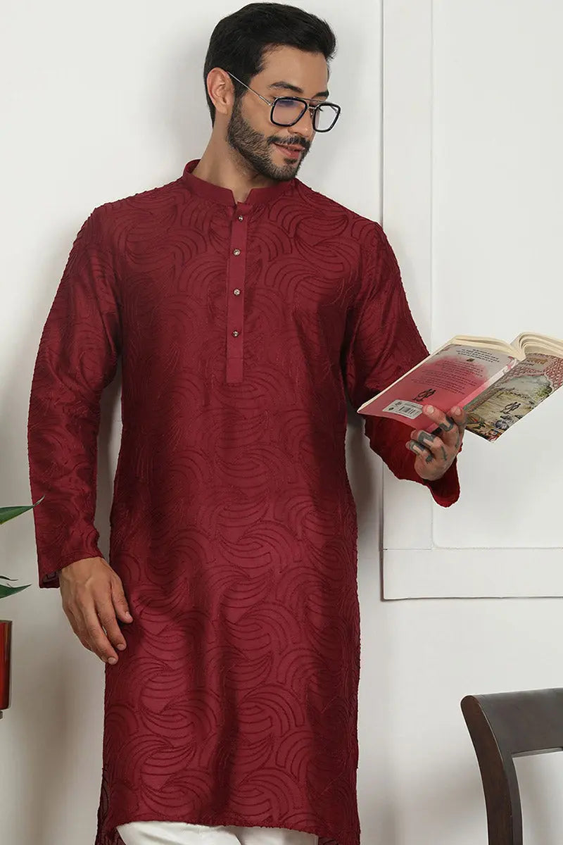 Red Jacquard Kurta for Men – Festive & Formal Wear KSF