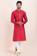 Red & White Cotton Jacquard Printed Kurta Pajama Set - Traditional Wear RTI