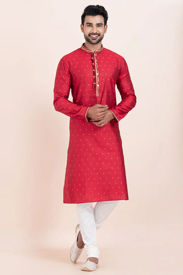 Red & White Cotton Jacquard Printed Kurta Pajama Set - Traditional Wear RTI