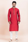 Red & White Cotton Jacquard Printed Kurta Pajama Set - Traditional Wear RTI