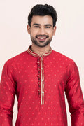 Red & White Cotton Jacquard Printed Kurta Pajama Set - Traditional Wear RTI