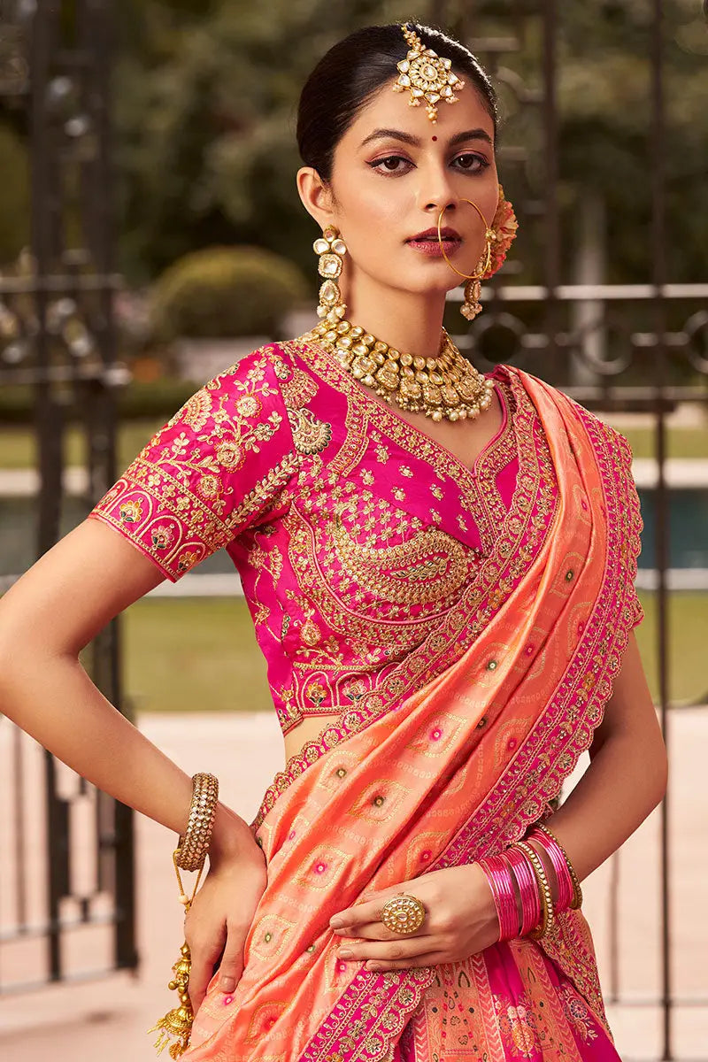 Royal Pink & Orange Banarasi Silk Bridal Lehenga with Zari & Mirror Work VA