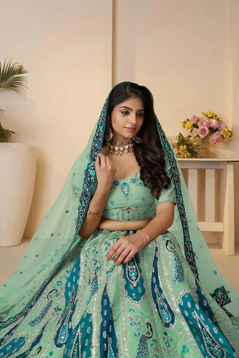 Royal Sky Blue Bridal Lehenga with Paisley & Peacock Motifs and Heavy Embroidery KSR