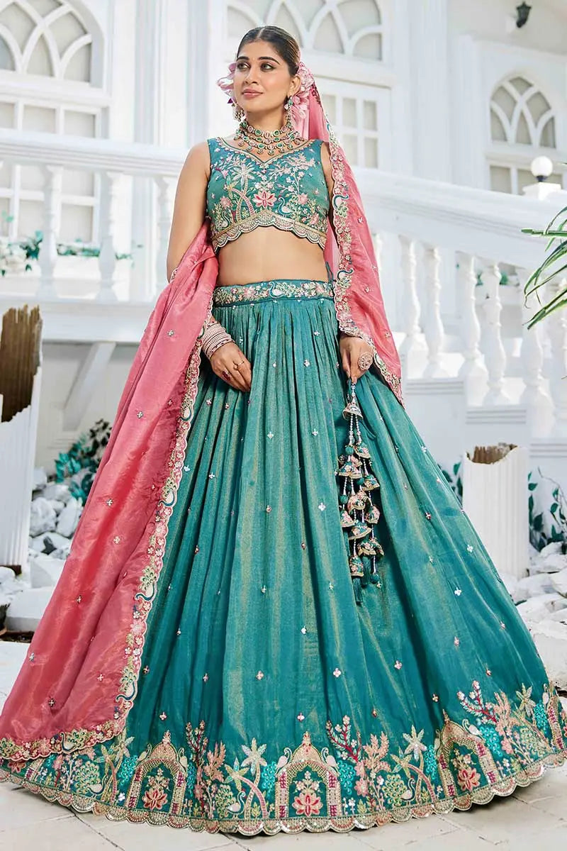 Sea Green Embroidered Lehenga with Pink Dupatta – Festive & Wedding Wear RTI
