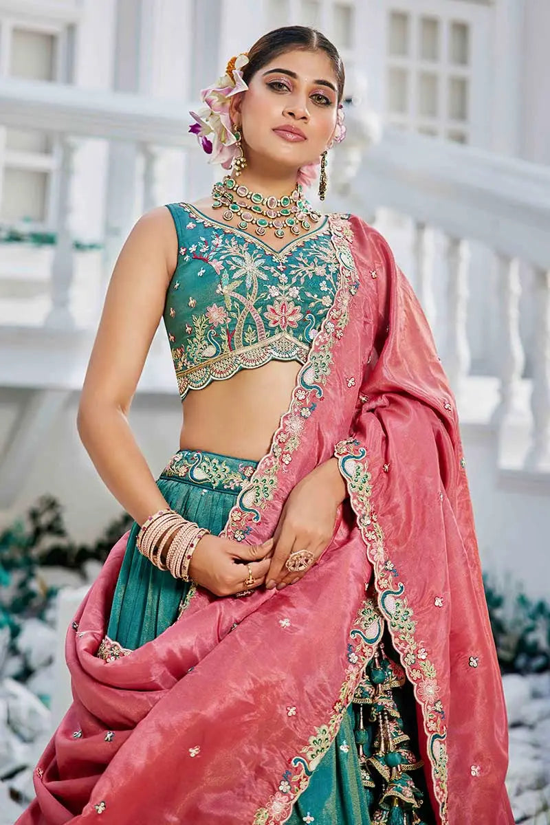 Sea Green Embroidered Lehenga with Pink Dupatta – Festive & Wedding Wear RTI