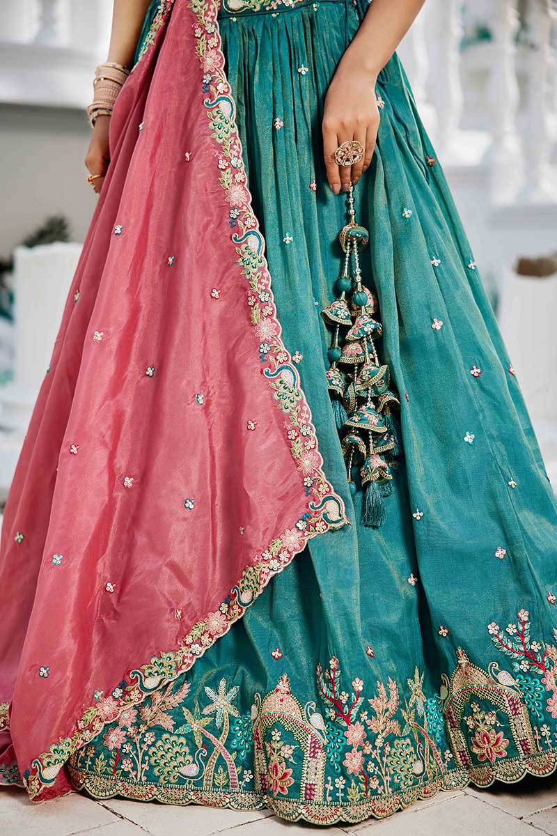 Sea Green Embroidered Lehenga with Pink Dupatta – Festive & Wedding Wear RTI