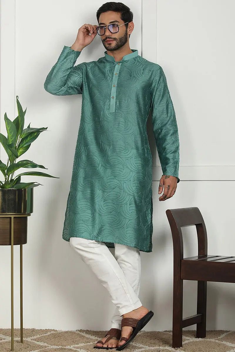 Sea Green Jacquard Kurta for Men – Festive & Formal Wear KSF