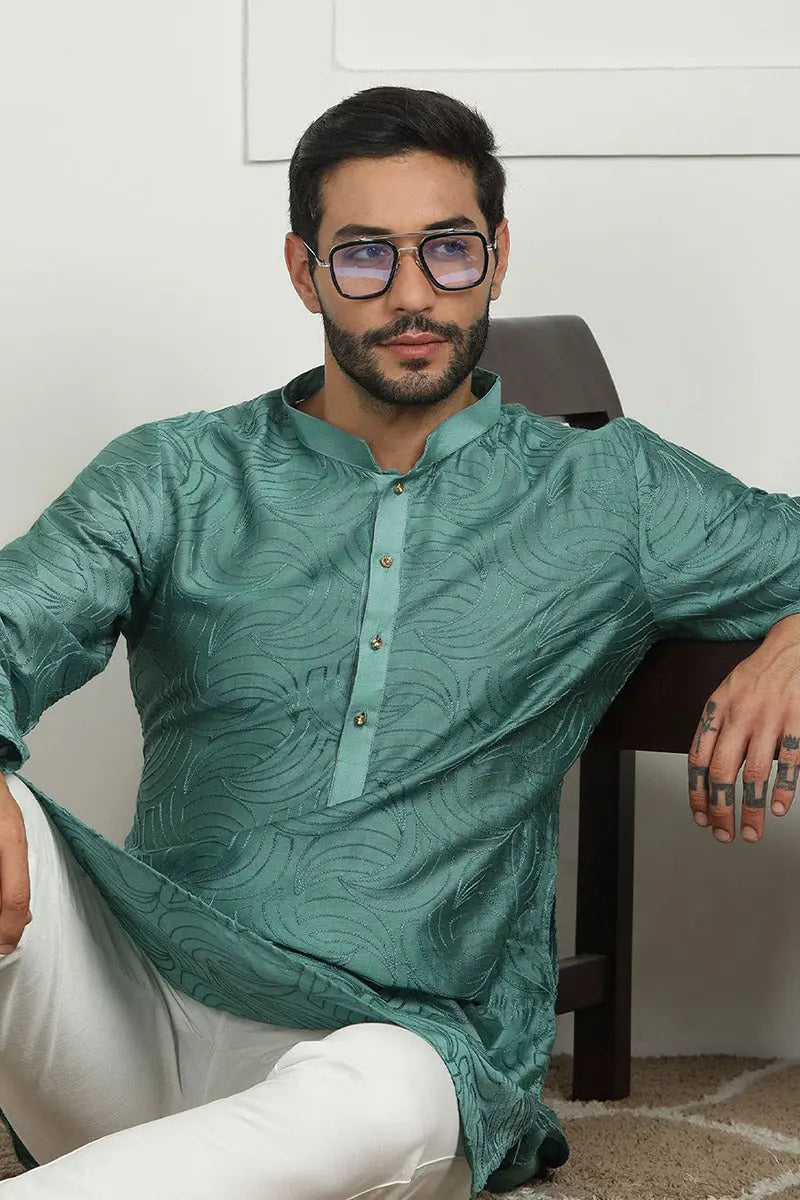 Sea Green Jacquard Kurta for Men – Festive & Formal Wear KSF