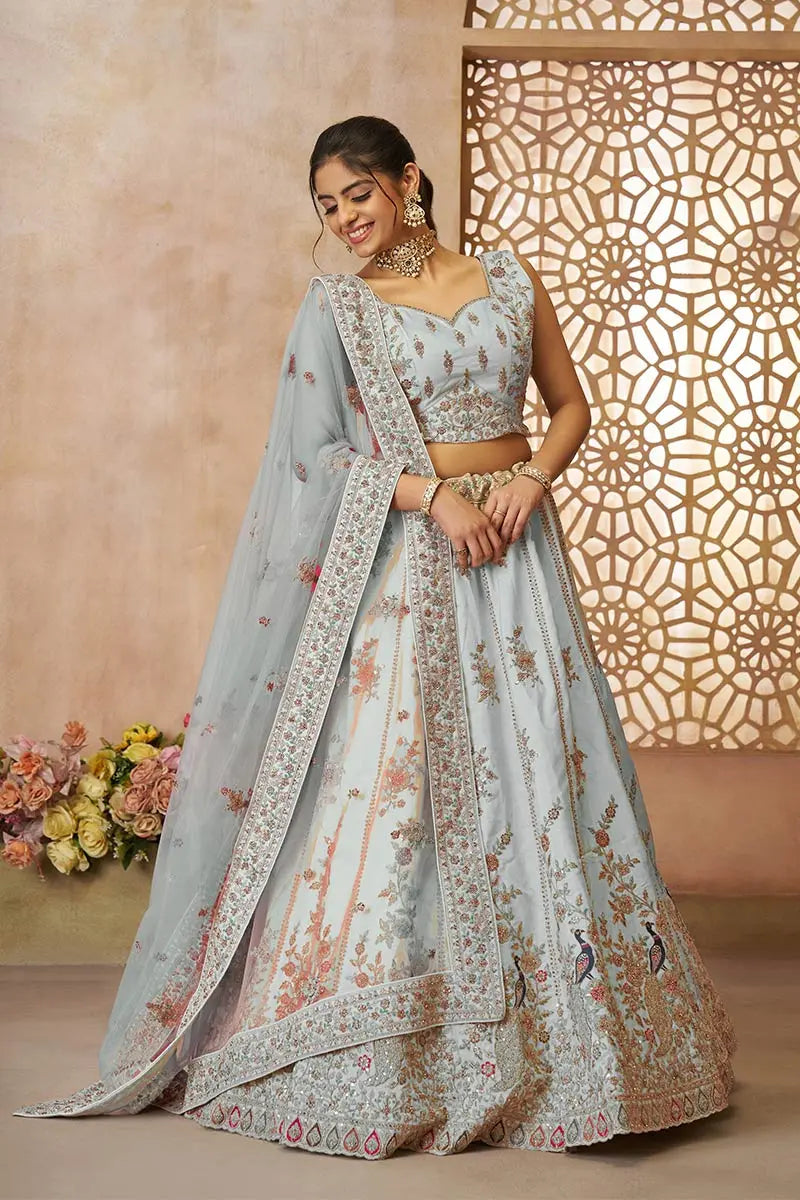 Sky Blue Zari Silk Lehenga Choli with Sequins Work – Reception Wear KSR