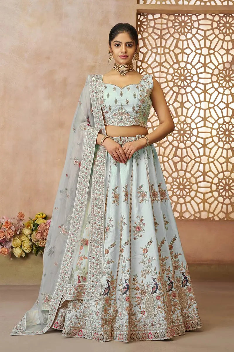 Sky Blue Zari Silk Lehenga Choli with Sequins Work – Reception Wear KSR