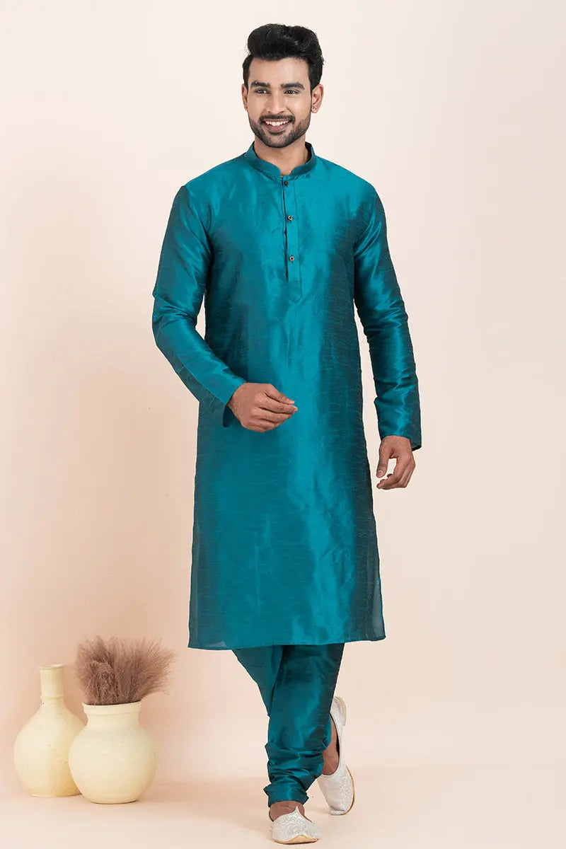Teal Blue Banarasi Silk Printed Kurta Pajama Set - Traditional Wear RTI
