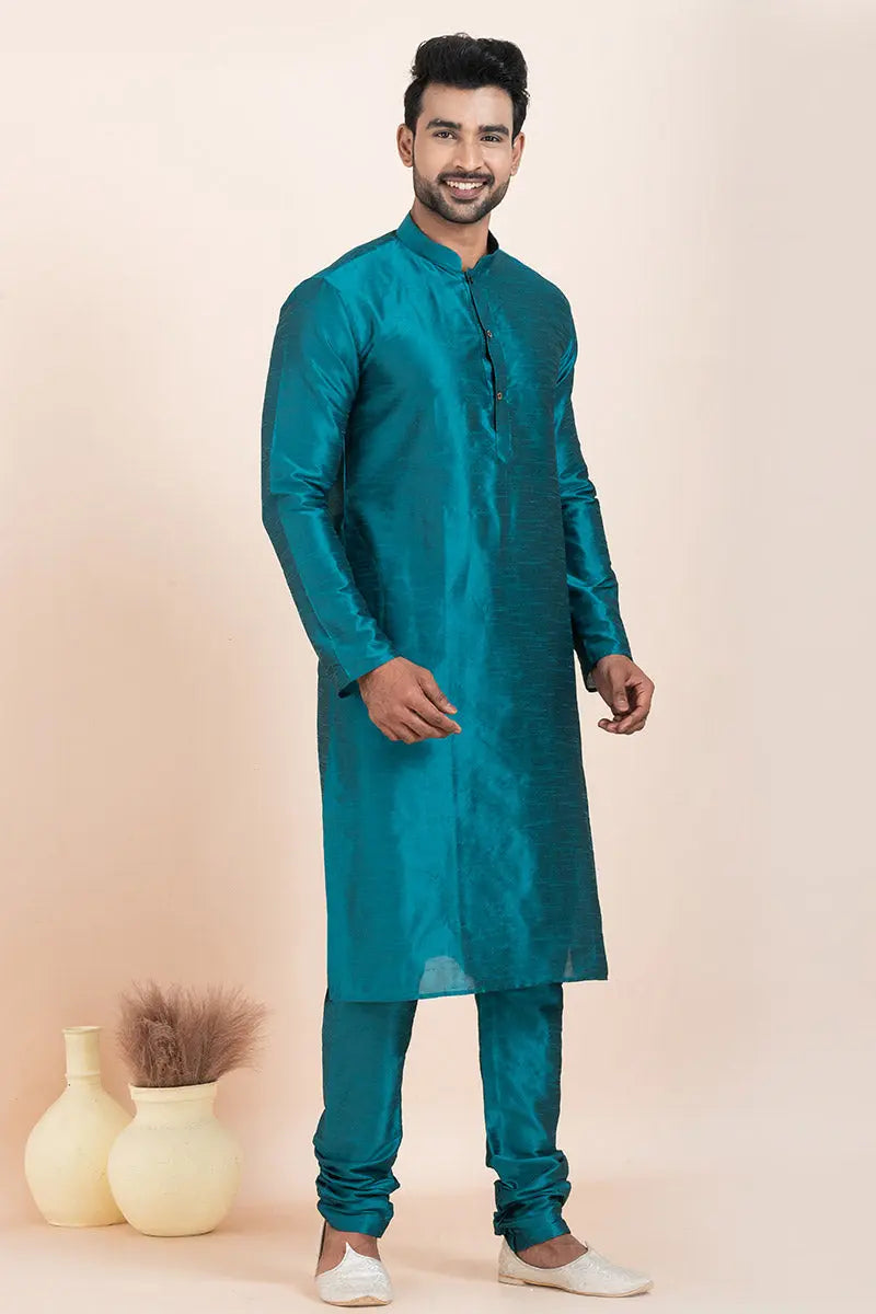 Teal Blue Banarasi Silk Printed Kurta Pajama Set - Traditional Wear RTI