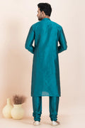 Teal Blue Banarasi Silk Printed Kurta Pajama Set - Traditional Wear RTI