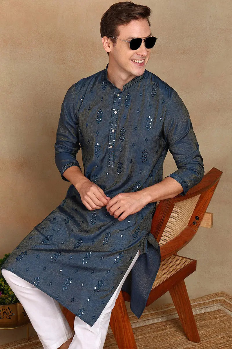 Teal Blue Jacquard Kurta for Men – Festive & Formal Wear KSF